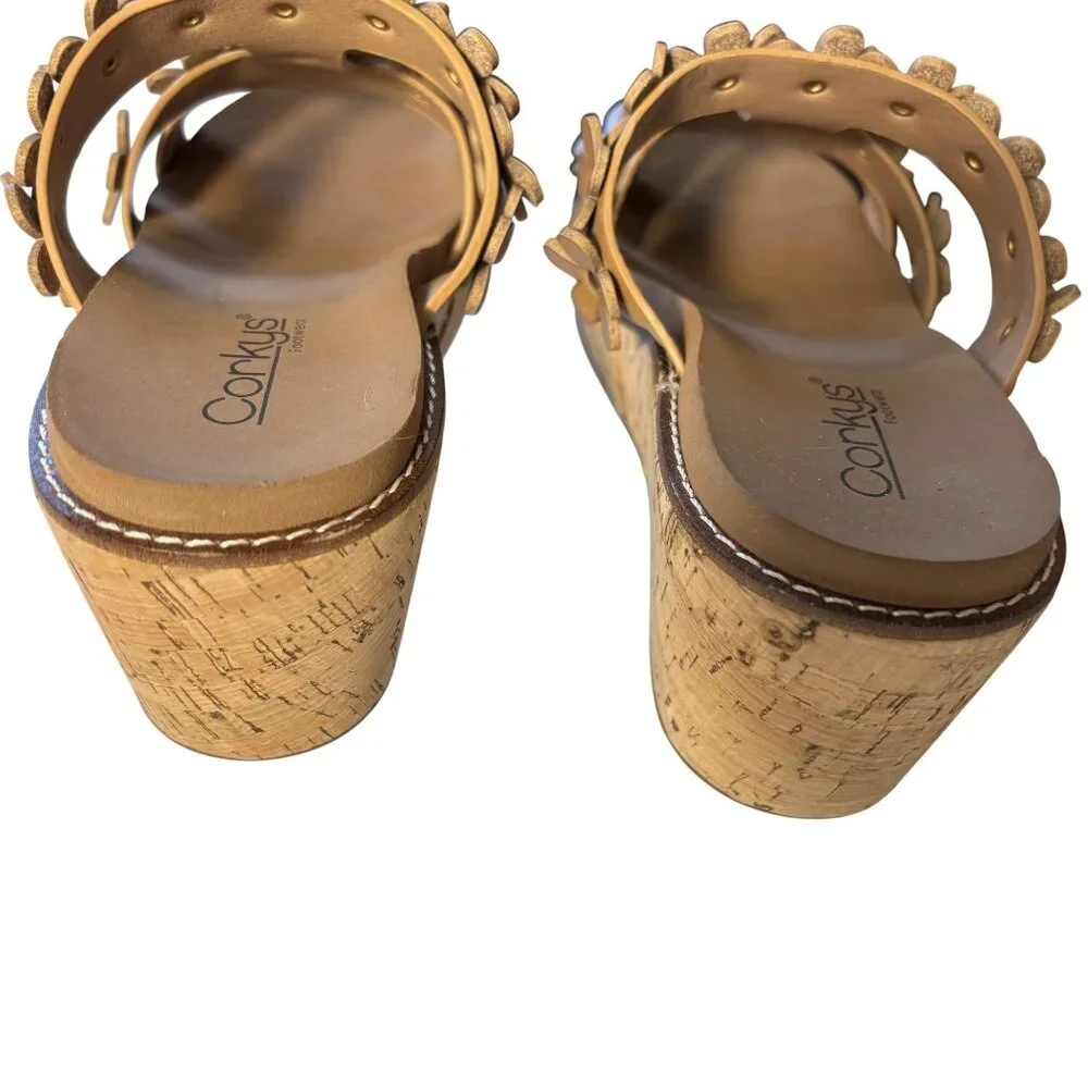 Corkys Floral Wedge Sandals Size 8 Cognac Slip-On Summer Shoes - Picture 5 of 8